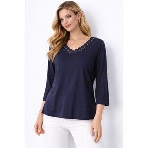 Brooks Brothers Women's 100% Pima Cotton Lace Trim Top M 3/4 Sleeve